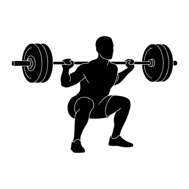 Kas yığını birinin siyah silueti halterde çömelme hareketi yapıyor. Şekil diz çökmüş halter sırtlarının üst kısmında ve omuzlarında dinleniyor. Halterin iki ucunda da geniş dairesel ağırlıklar var. Görüntü basit, temiz bir illüstratör.