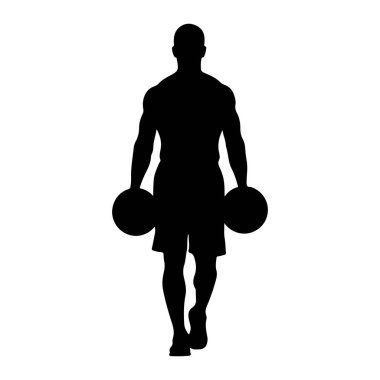 İki elinde birer tane büyük dairesel ağırlık taşıyan kaslı bir adamın siyah silueti. Adam kel ve şort giyiyor. Arka plan bembeyaz..