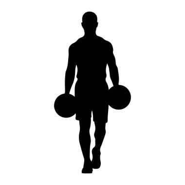 İki büyük dambıl taşırken yürüyen kaslı bir adamın siyah silueti. Adam tepeden tırnağa tasvir ediliyor, kel kafası, geniş omuzları, kaslı kolları ve bacakları var. Şort giyiyor ve hareket ediyor gibi görünüyor. Arka plan... 