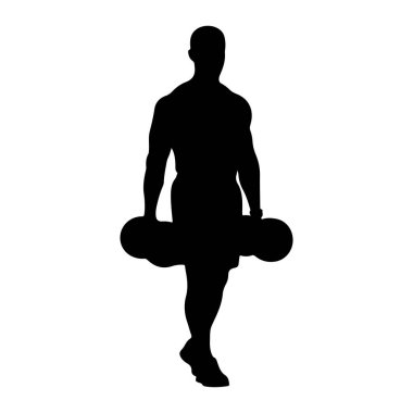 Kaslı bir insanın siyah silueti beyaz bir arkaplanda duruyor. Kişi iki büyük, yuvarlak ağırlık tutuyor, her iki elinde de birer tane. Vücutları tanımlı, geniş omuzları ve güçlü kolları var. Siluet bir yürüyüşün içinde.