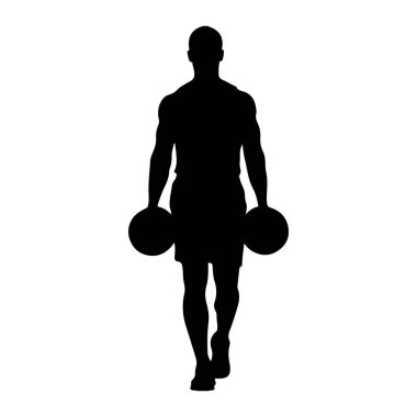 İki elinde birer tane büyük dairesel ağırlık taşıyan kaslı bir adamın siyah silueti. Şekil, düz beyaz bir arkaplana karşı tasvir edilir, şeklini ve sahip olduğu nesneleri vurgular. Adam şort giyiyor gibi görünüyor. 