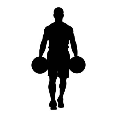 Önden yürüyen kaslı bir adamın siyah silueti tasvir edilir. O, her iki elinde yuvarlak bir ağırlık tutuyor, biri sol tarafında ve biri sağında. Adam şort giyiyor ve bir fitness aktivitesine katılmış gibi görünüyor. Çanta.