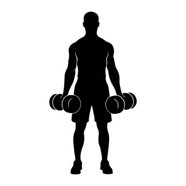 Kaslı bir adamın siyah bir silueti her iki elinde de bir dambıl tutuyor. Adam tepeden tırnağa tasvir ediliyor, şort ve spor ayakkabıları giyiyor. Arkaplan düz beyaz.