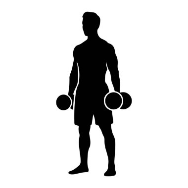 İki dambıl tutan kaslı bir adamın siyah silueti. Adam boyundan aşağısı şort giymiş şekilde tasvir ediliyor. Silüet düz beyaz bir arkaplan üzerine kurulur.