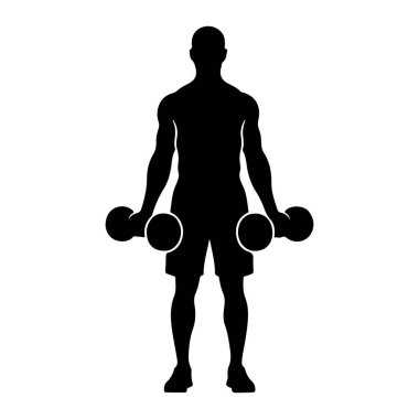 Kaslı bir adamın siyah silueti iki dambıl tutuyor. Şekil tepeden tırnağa, görünür kas yapısı ve atletik yapısıyla tasvir ediliyor. Dambıllar yan tarafında, dairesel ağırlıklar öne bakıyor. Arka plan... 