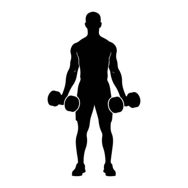 Kaslı bir adamın siyah silueti kolları yanlarında duruyor, her iki elinde de bir dambıl tutuyor. Kel olan figür, şort ve spor ayakkabı giyiyor gibi görünüyor. Arka plan bembeyaz..