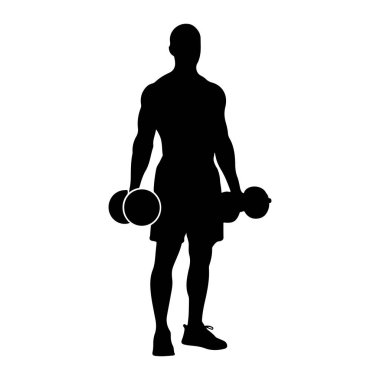 İki elinde de dambıl tutan kaslı bir adamın siyah silueti. O şort ve spor ayakkabıları giyiyor. Arkaplan beyaz.