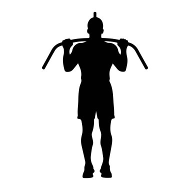 Kaslı bir adamın siyah silueti iki eliyle üzerinde kıvrımlı bir şekil olan ağırlık çubuğunu ayakta ve tutuyordu. Adam şort ve spor ayakkabısı giyiyor. Arkaplan düz beyaz.