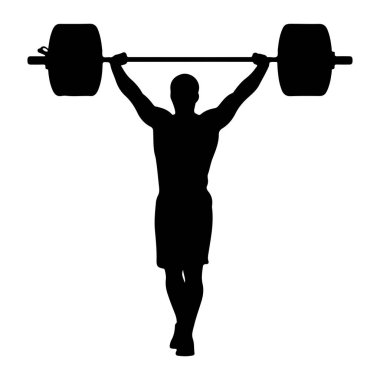Kaslı bir adamın siyah bir silueti ön taraftan tasvir edilir, her iki ucunda ağırlıkları olan bir halteri kaldırır. Kolları yukarı doğru uzanıyor, ağırlığı destekliyor. O şort giyiyor. Arkaplan düz beyaz.
