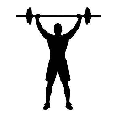 Kaslı bir adamın siyah bir silueti başının üstüne halter kaldırırken resmedilir. Adam şort giyiyor ve halter kaldırıyor gibi görünüyor. Arka plan düz beyaz, siyah siluetin katıksız kontrastını vurguluyor..