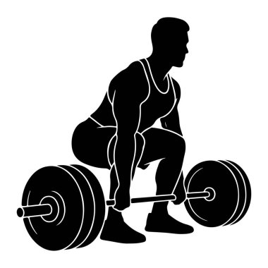 Kolsuz tişörtlü ve şortlu kaslı bir adamın siyah silueti halter kaldırma sürecinde resmedilir. Halterin iki ucunda da ağırlık plakası var. Adam çömelmiş, halteri iki eliyle kavrıyor, bu da yoğun bir... 