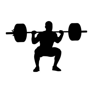 Kas yığını bir adamın siyah silueti halterde çömeliyor. Adam halteri sırtında ve omuzlarında dinlenirken eğiliyor. Onun elleri halteri iki taraftan tutar. Halterin her iki ucunda büyük ağırlık plakaları var. Geri kafalı.
