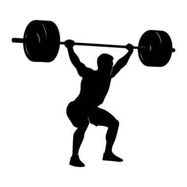 Kaslı bir atletin siyah bir silueti, ağır bir halteri kaldırma hareketinde resmedilir. Sporcu, kolları tamamen açık bir şekilde halteri başının üstünde tutarak çömelme pozisyonunda. Halterin her birinin üzerinde büyük ağırlık plakaları var.