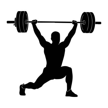Halter kaldıran kaslı birinin siyah silueti. Kişi kollarını yukarı doğru uzatarak halterin iki tarafında ağırlık plakası olan bir halter tutuyor. Siluet beyaz bir arkaplan üzerinde titizlikle duruyor.
