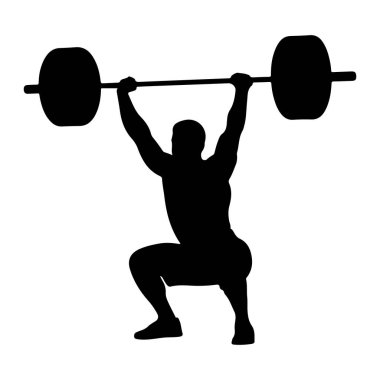 Çömelmiş vaziyette duran kaslı bir sporcunun siyah silueti ağır bir halteri kaldırıyor. Sporcunun kolları yukarı doğru uzanıyor ve iki ucunda da iki büyük ağırlık plakası bulunuyor. Şekil, düz beyaz bir arkaplana karşı tasvir edilir