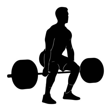 Profilde kaslı bir adamın siyah silueti halteri kaldırmak için çömelmiş. Halterin her iki tarafında da büyük ağırlık plakaları var. Adam atletik şort ve ayakkabı giyiyor. Görüntü, ağırlık kaldırmanın temiz ve grafik bir temsilidir..