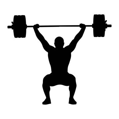 Kaslı bir adamın siyah bir silueti ağır bir halteri yukarı kaldırırken resmedilir. Kolları tamamen yukarıda, halteri tutarak çömelme pozisyonunda. Halterin iki ucunda da ağırlık plakası var. Şekil bir w karşısında izole edilir.