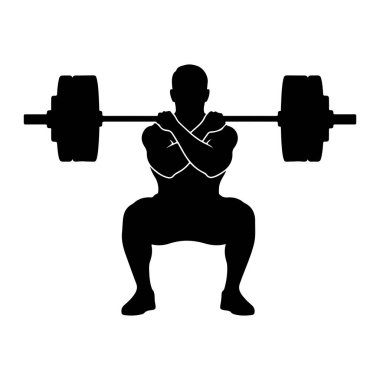 Kas yığını bir adamın siyah silueti halterde çömeliyor. Adam, halter sırtında ve omuzlarında dinlenirken derin bir çömelme yerinde duruyor. Kolları halterin üzerinde çaprazlanmış ve bacakları dizlerinde bükülmüş. Silhou.