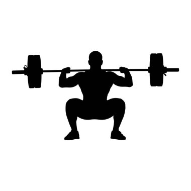 Kas yığını bir adamın siyah silueti halterde çömeliyor. Adam, halter sırtında ve omuzlarında dinlenirken derin bir çömelme yerinde duruyor. O, atletik ayakkabılar giyiyor. Arka plan bembeyaz..