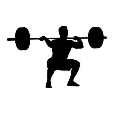 Kas yığını bir adamın siyah silueti halterde çömeliyor. Adam halteri sırtında ve omuzlarında dinlenirken eğiliyor. Kolları bükülmüş, halteri tutuyor. Halterin iki ucundaki ağırlıklar açıkça görülüyor.. 