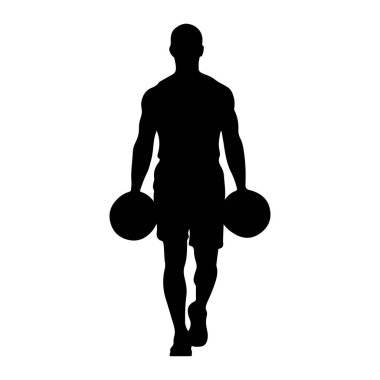 Kaslı bir adamın siyah bir silueti her iki elinde de bir kettlebell tutuyor. Adam kel ve görünüşe göre şort ve spor ayakkabısı giyiyor. Arka plan bembeyaz..