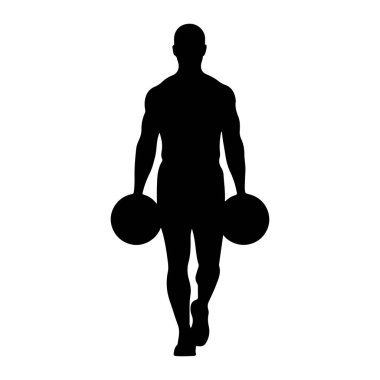 Siyah bir siluet, kaslı bir adamın öne doğru yürümesi. O, her iki elinde bir kettlebell tutuyor, kolları hafifçe yanlara doğru uzanıyor. Arka plan bembeyaz..
