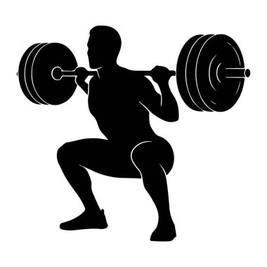Kas yığını birinin siyah silueti halterde çömelme hareketi yapıyor. Kişi, halter sırtında ve omuzlarında dinlenirken derin bir çömelme pozisyonunda. Halterin her iki ucunda büyük ağırlık plakaları var. Görüntü tek renkli bir grafiktir. 