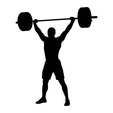 Kaslı bir insanın siyah bir silueti kollarını başınızın üstüne uzatarak, her iki ucunda ağırlık olan bir halteri tutar. Şekil dinamik bir pozla tasvir edilmiş, bu da çaba ve güç gösterdiğini gösteriyor. Arka plan düz beyaz, denizaltıyı izole ediyor.