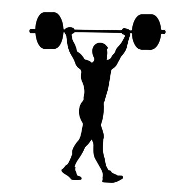 İki kolu açık ağır bir halteri kaldıran kaslı bir insanın siyah silueti tasvir edilir. Bir bacağı hafifçe önde duran kişi güçlü bir duruş sergiliyor. Halterin her iki ucunda büyük ağırlık plakaları var. Şey...