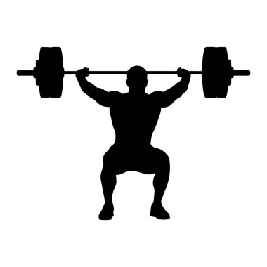Halter egzersizi yapan kaslı birinin siyah silüeti. Kişi çömelmiş vaziyette, kollarını açmış halteri yukarıda tutuyor. Halterin her iki ucunda büyük ağırlık plakaları var. Arkaplan düz beyaz.