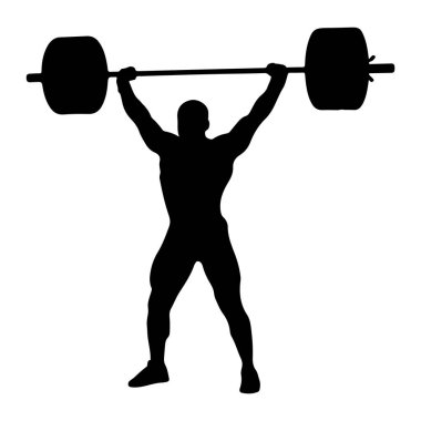 Kaslı bir adamın siyah silueti kollarını başının üstüne uzatmış, her iki ucunda ağırlık olan bir halteri tutuyor. Şekil dinamik bir pozla tasvir edilmiş, bu da çaba ve güç gösterdiğini gösteriyor. Arkaplan düz beyaz, deneği izole ediyor. 