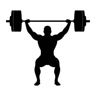 Ağır bir halteri kaldıran kaslı bir insanın siyah silueti. Kişi kollarını tamamen yukarı açıp halteri tutarak çömelme pozisyonunda duruyor. Siluet düz beyaz bir arkaplan üzerinde durmaktadır.