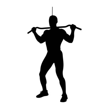 Kaslı bir insanın siyah bir silueti boyundan aşağısına doğru gösterilir ve aşağı çekme egzersizi yapar. Kişi bacaklarını hafifçe açmış, iki eliyle kavisli bir ağırlık çubuğu tutuyor. Çubuk seni uzatan bir kabloya bağlı.