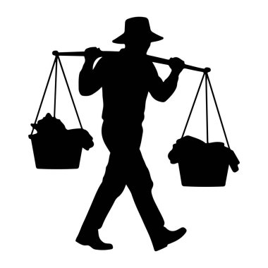 Omuzlarında direkten sarkıtılmış iki sepet taşıyan şapkalı bir kişinin siyah silueti. Sepetlerde bazı eşyalar var gibi görünüyor. Şekil, düz beyaz bir arkaplana karşı profil ile betimlenir.