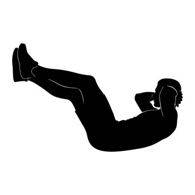 Abdominal mekik çeken birinin siyah silüeti. Kişi dizleri bükülmüş ve ayakları yerden kalkmış bir şekilde sırt üstü yatıyor. Elleri başlarının arkasına bağlanmış ve gövdeleri kalkmış. Siluet bir şeye karşı katıdır.