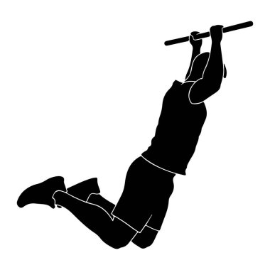 Bir kişinin siyah silueti yatay bir çubuğa asılarak egzersiz yaparken gösterilir. Adam şort ve tişört giyiyor. Vücutları dinamik bir pozisyonda, hareket ve çaba gösteriyor. Arka plan bembeyaz.