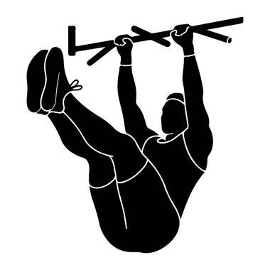 Yatay bir çubuğa asılmış, bacak kaldırma hareketi yapan siyah bir siluet. Kişi kollarını yukarı doğru uzatır, çıtayı kavrarken, bacakları çıtaya doğru yükselir. Bu figür dinamik bir pozla resmedilmiş, çabayı vurguluyor.