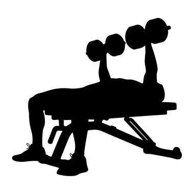 Ağırlık sırasına uzanmış iki dambılı kaldıran siyah bir siluet. O kişi atletik ayakkabılar giyiyor. Bankın metal bir çerçevesi var ve beyaz bir arkaplanda yer alıyor..