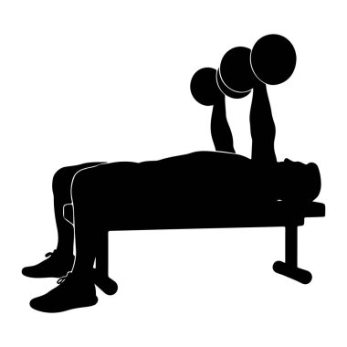 Ağırlık bankında yatan ve dambılları göğsünün üzerine kaldıran siyah bir siluet. O kişi atletik ayakkabılar giyiyor. Arkaplan beyaz.