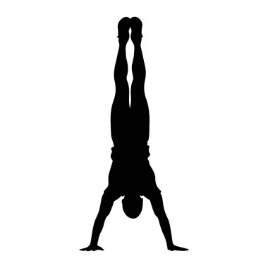 Siyah bir siluet beyaz bir arka plana karşı amuda kalkarak tasvir edilir. Şekil ellerinin üzerinde ve bacakları dikey olarak yukarı doğru uzanıyor. Siluet açıkça insan şeklini özetliyor. Gövdesi, kolları da dahil.