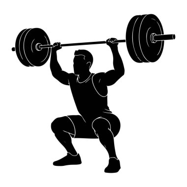 Halter egzersizi yapan kaslı bir adamın siyah silüeti. Üzerinde ağır bir halterle çömelmiş vaziyette. Görüntü, beyaz bir arkaplan karşısında atletin gücünü vurgulayan temiz ve izole bir grafik çizimi.