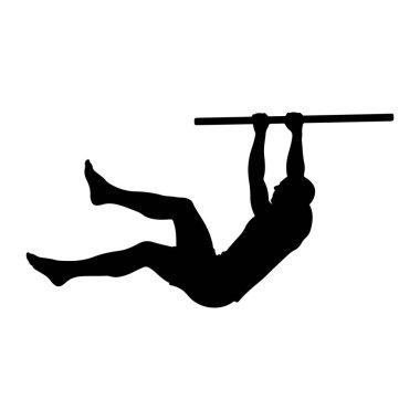 Yatay bir çubukta asılı siyah bir adam silueti tasvir edilir. Kolları yukarı doğru uzanıyor, çubuğu kavrıyor, bacakları bükülüp dışa doğru uzanıyor ve dinamik bir duruş oluşturuyor. Arka plan bembeyaz, katıksız kontra vurgulanıyor.