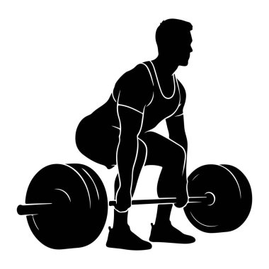 Atletik giysili bir adamın siyah silüeti halter kaldırma sürecinde tasvir edilir. Vücudu çömelmiş vaziyette, elleri halteri kavrıyor. Halterin her iki ucunda geniş dairesel ağırlık plakaları var. Çizim.