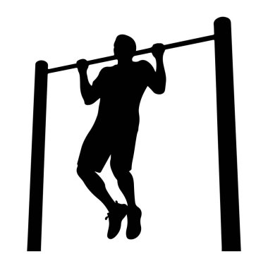 Bir adamın siyah silueti yatay bir çubukta barfiks egzersizi yapıyor. Çubuk iki dikey gönderi tarafından desteklenmektedir. Adam şort ve spor ayakkabısı giyiyor. Arkaplan düz beyaz, Sil 'in katıksız kontrastını vurguluyor