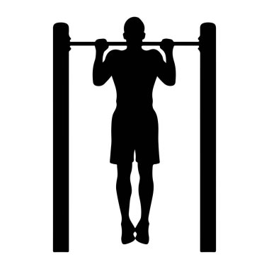 Bir adamın siyah silueti yatay bir çubukta barfiks egzersizi yapıyor. Çubuk iki dikey gönderi tarafından desteklenerek basit bir çerçeve oluşturulur. Adam, elleri barı tutarken bedeni aşağıda bacaklarıyla sallanırken tasvir ediliyor.