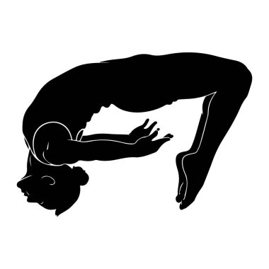 Bir jimnastikçinin siyah silueti derin bir arka eğri pozuyla tasvir edilir. Şeklin başı öne doğru eğik ve dirseklerinden bükülmüş. Bacaklar dizlere doğru bükülüp yukarı doğru uzanıyor ve ayakları kafaya doğru uzanıyor. Th