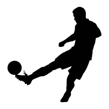 Bir erkek futbolcunun hareket halindeki siyah silueti, bir futbol topuna vururken orta tekme atarken yakalandı. Oyuncu şort ve spor ayakkabı giyiyor. Görüntü, dinamik duruşu vurgulayan, beyaz arkaplana karşı siyahın katıksız kontrastıdır. 