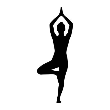 Bir kişinin siyah silueti yoga ağacı pozunda tek bacağının üzerinde duruyor. Diğer bacak, ayakta duran bacağın iç kısmında duran ayakla bükülür. Kollar başın üstüne kaldırılır ve eller birbirine dua pozisyonunda bastırılır. Çanta.