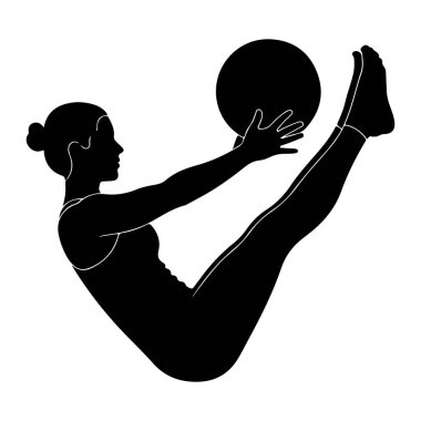 Tekne duruşu yapmış, elinde egzersiz topu tutan siyah bir kadın silueti. Bacakları yukarı doğru uzanıyor ve gövdesi geriye doğru eğiliyor. Görüntü, beyaz arkaplana karşı temiz ve izole bir grafiktir..