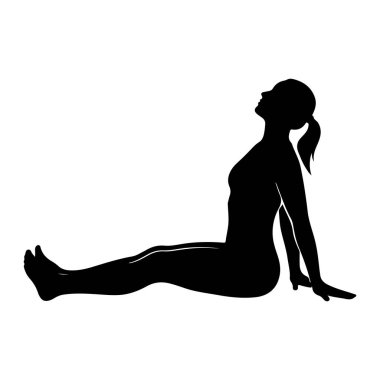 Bir kadının siyah silueti esneme pozuyla tasvir edilir. Bacakları öne doğru uzanıyor, kolları bükük ve elleri arkada yerde dinleniyor. Kafası geriye doğru eğilmiş, yukarı bakıyor. Siluet düz bir whit karşı kuruludur